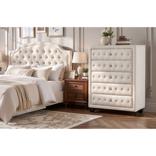 Sunvega Sophia Cream Velvet Upholstered Crystal Tufted 5-Drawer Chest for Bedroom