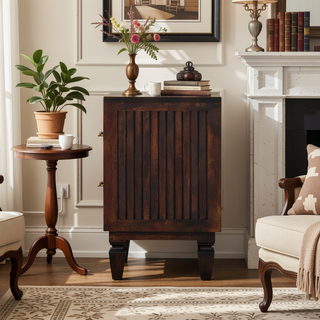 Sunvega Solid Mango Wood Nightstand with 2 Fluted Drawers and Brass Handles