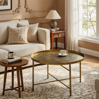 Sunvega Gold Vintage Metal Coffee Table with Hammered Tray Top for Living Room