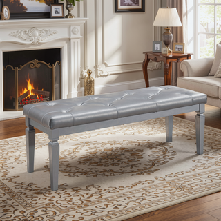 Sunvega Silver Finish Tufted Bench with Foam Cushioned Faux Leather Upholstery