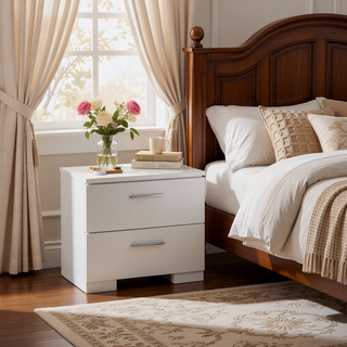 Sunvega White and Chrome 2-Drawer Nightstand with High Gloss Finish and Smooth Ball Bearing Glides