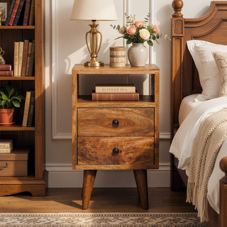 Sunvega Mini Classic Oak-ish Nightstand with Two Drawers and Nordic Legs