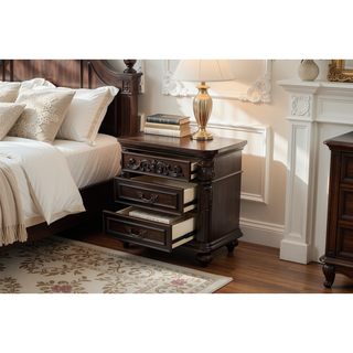 Sunvega Antique Walnut Nightstand with 2 Drawers and Unique Carving Design