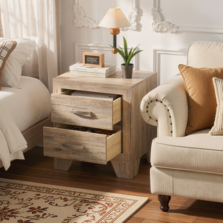Sunvega Natural Wood Nightstand with 2 Dovetail Drawers and Metal Handle