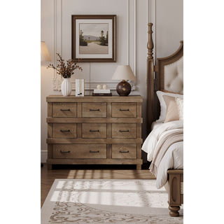 Sunvega Antique Oak and Gunmetal Finish Wooden Nine-Drawer Dresser