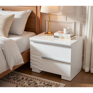 Sunvega Modern White Lacquer Wood Nightstand with 2 Drawers and Gloss Finish