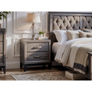 Sunvega White Laminate Nightstand with Wood Grain Detailing and Two Spacious Drawers