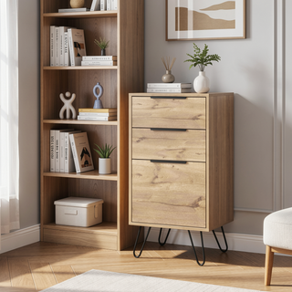 Sunvega Light Oak Dresser with Three Drawers and Hairpin Legs for Bedroom