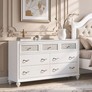 Sunvega Modern 7-Drawer Dresser with Sparkling Acrylic Panels and Crystal Hardware