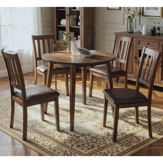 Sunvega Transitional Dark Brown Walnut Wood Round Dining Table With 4 Curved Ladder-back Chairs