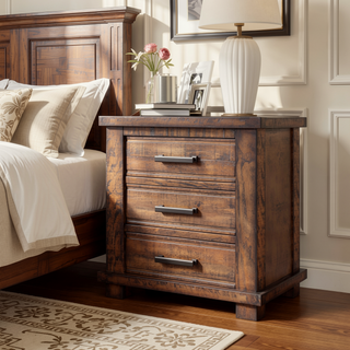 Sunvega Reclaimed Pine Wood Nightstand with Three Drawers and Antiqued Zinc Pulls