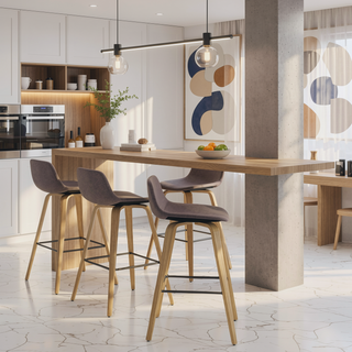 Sunvega Mid-Century Modern Bentwood Counter Bar Stool Set of Two with Mocha Fabric