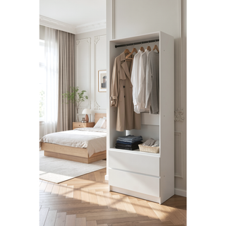 Sunvega White Wood Walk-In Closet with Two Rods and Oak Finish