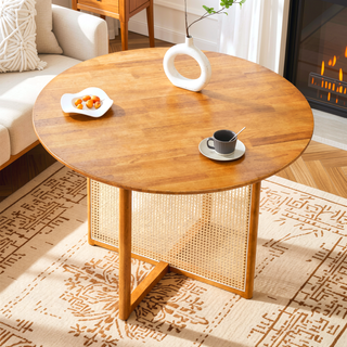 Sunvega Chinese Country Retro Walnut Solid Wood Round Table with Imitation Rattan Legs