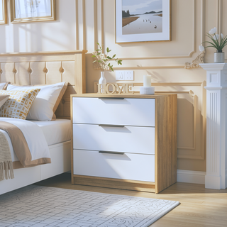 Sunvega White and Light Oak Three Drawer Dresser with Modern Natural Touch
