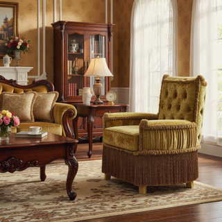 Sunvega Gold Vanity Stool with Opulent Rococo Style and Button Tufted Back