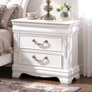 Sunvega White Transitional Nightstand with Faux Wood Carving and Nickel Hanging Pulls