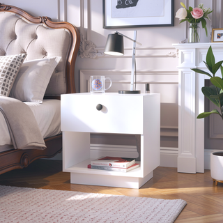 Sunvega White 1-Drawer Nightstand with Large Storage Shelf and Smooth Glide