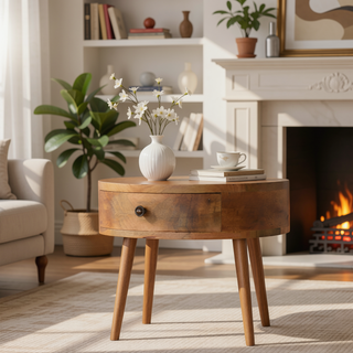 Sunvega Solid Wood Wall-Mounted Rounded Nightstand with One Drawer in Oak-ish Light Brown