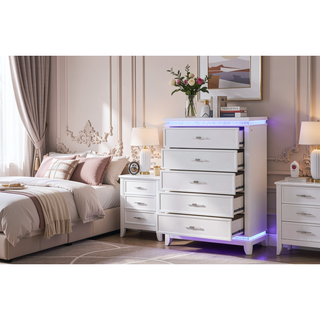 Sunvega White Modern 5-Drawer Wood Chest with Crystal Accents for Bedroom Storage