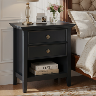 Sunvega Black Solid Wood Nightstand with Two Drawers for Bedroom