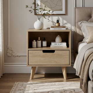 Sunvega Modern Nightstand with Open Cubby Sleek Cutout Drawer and Tapered Legs