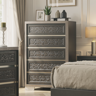Sunvega Contemporary Dark Gray Chest with Leaf Pattern Molding and Felt Lined Top Drawer