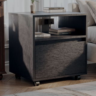 Sunvega Modern White Nightstand with Drawer and Casters for Bedroom Living Room