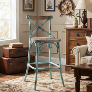 Sunvega Vintage-Style Bar Stool with Cross Back Wooden Seat and Metal X Base