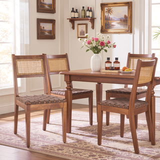 Sunvega Modern Faux Leather and Woven Rattan Dining Chairs Set of 2
