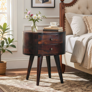 Sunvega Light Walnut Solid Mango Wood Bedside Table with Two Drawers