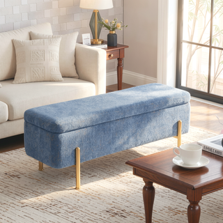 Sunvega Gold Metal and Blue Fabric Contemporary Storage Bench with Flip Top Lid