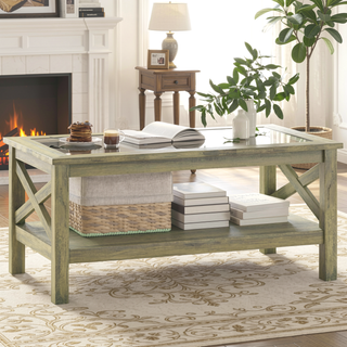 Sunvega Modern Farmhouse Coffee Table with Tempered Glass Top and Storage Shelf
