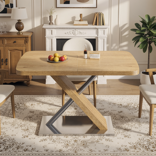 Sunvega Natural Retractable Dining Table with Cross Metal Base Seating 4-6 People