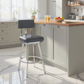 Sunvega Brushed Stainless Steel Swivel Bar Stool with Black Faux Leather Upholstery