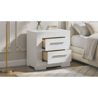 Sunvega Modern White Wood Nightstand with Two Spacious Drawers and Quilted Texture