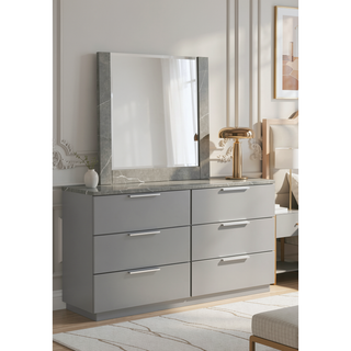 Sunvega White Lacquer Dresser with Six Smooth-Glide Drawers and Marble Accents
