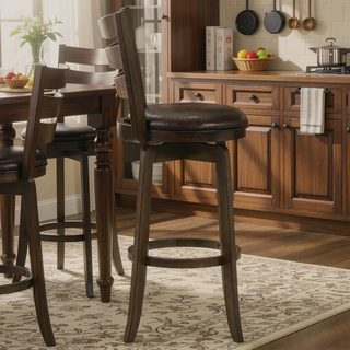 Sunvega Dark Brown Wood Swivel Bar Chair with Slat Back and Padded Seat