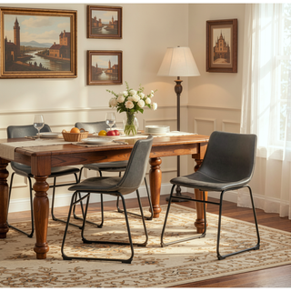 Sunvega Antique Black Finish Wood Dining Table with 6 Gray Faux Leather Chairs Set