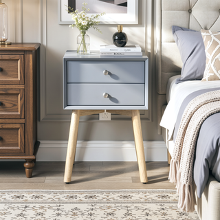 Sunvega Mid-Century Modern Bedside Table with 2 Drawers and Rubber Wood Legs