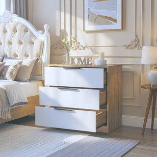 Sunvega White and Light Oak Three Drawer Dresser with Modern Natural Touch