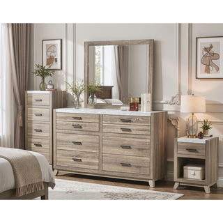 Sunvega Rustic Transitional Contemporary Dresser with Faux Marble Top and Six Drawers