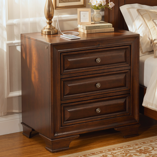 Sunvega Brown Cherry Solid Wood Transitional Nightstand with USB Outlet and Nightlight