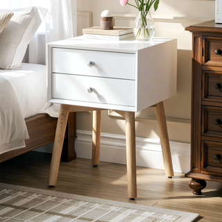Sunvega Mid-Century Modern Bedside Table with 2 Drawers and Rubber Wood Legs