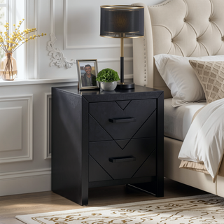 Sunvega Fully Assembled Nightstand with V Shape Embossing and Black Handles