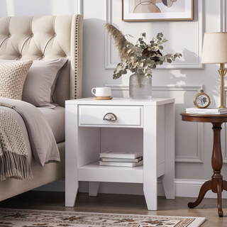 Sunvega Modern Mid Century Nightstand with Drawer and Open Storage Shelf