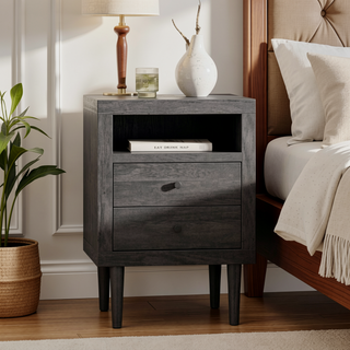 Sunvega Mid-Century Modern Nightstand with Two Drawers and Faux Wood Frame