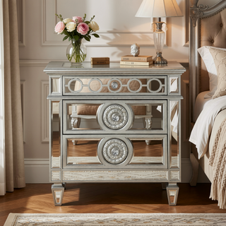 Sunvega Mirrored Finish Nightstand with 2 Storage Drawers and Wooden Frame