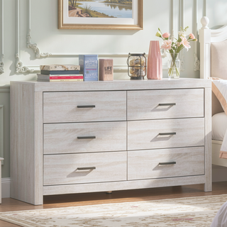 Sunvega Six-Drawer Dresser in Coastal White with Dark Bronze Handles for Bedroom