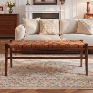 Sunvega Genuine Leather Upholstered Bench with Solid Wood Frame and Tapered Legs
